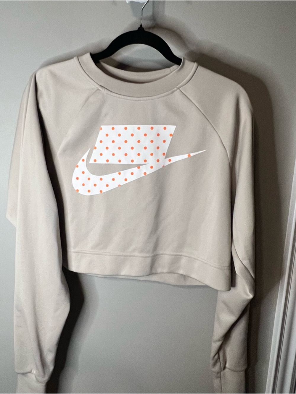 Nike Women’s Cream Cropped Sweatshirt with White and Orange Polka Dot Swoosh